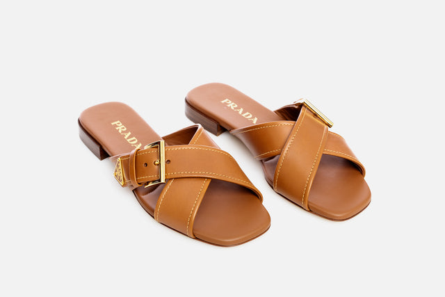 Prada Leather Crisscross Slide With Buckle