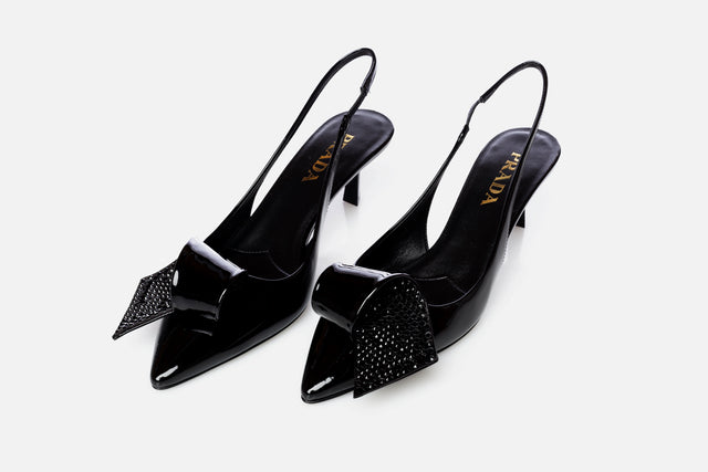 Prada Patent Leather Slingback Pumps With Crystals