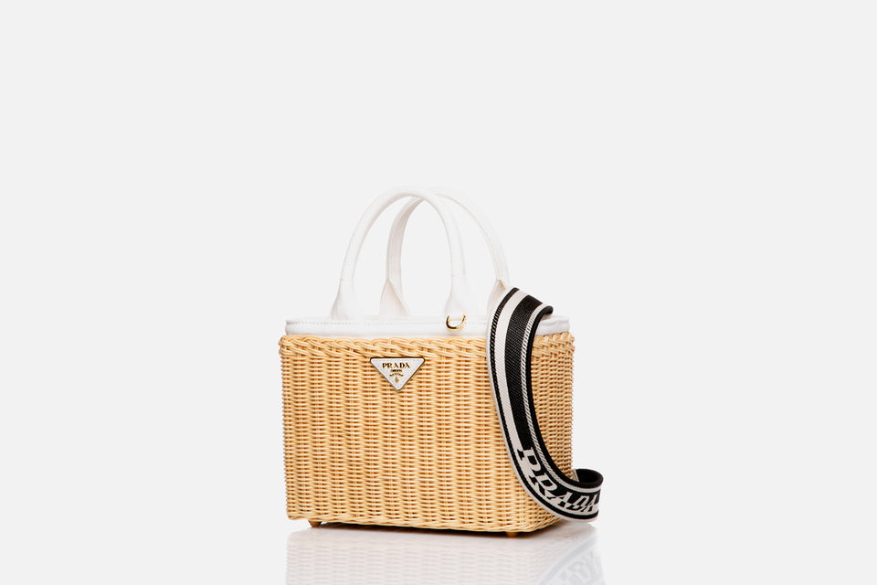 Prada Wicker And Canvas Tote Bag