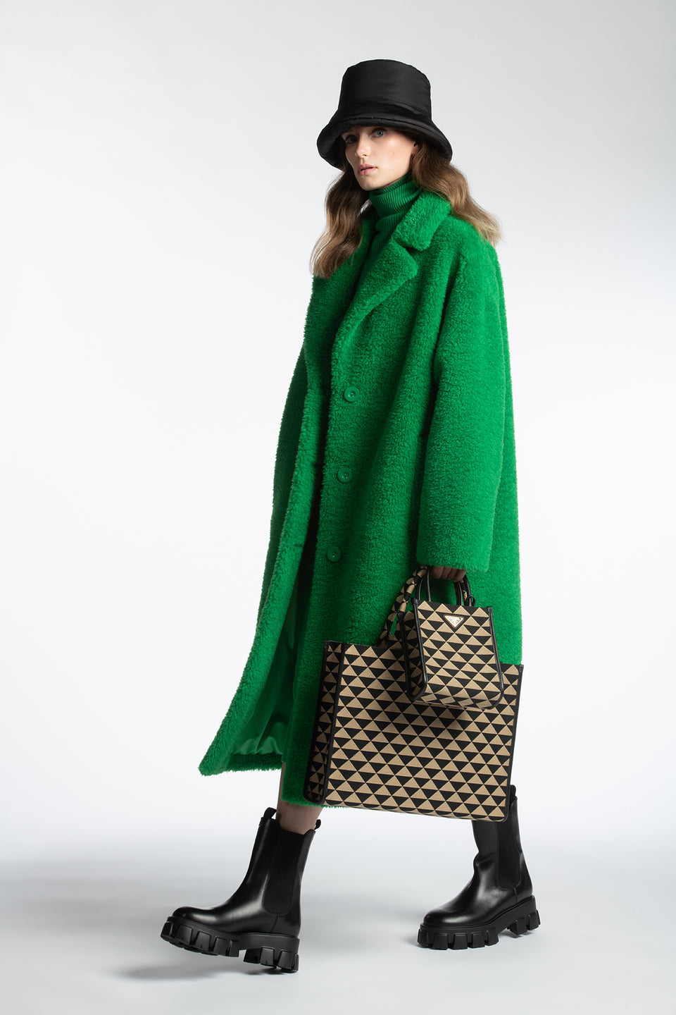 Prada Large Symbole Embroidered Fabric Handbag